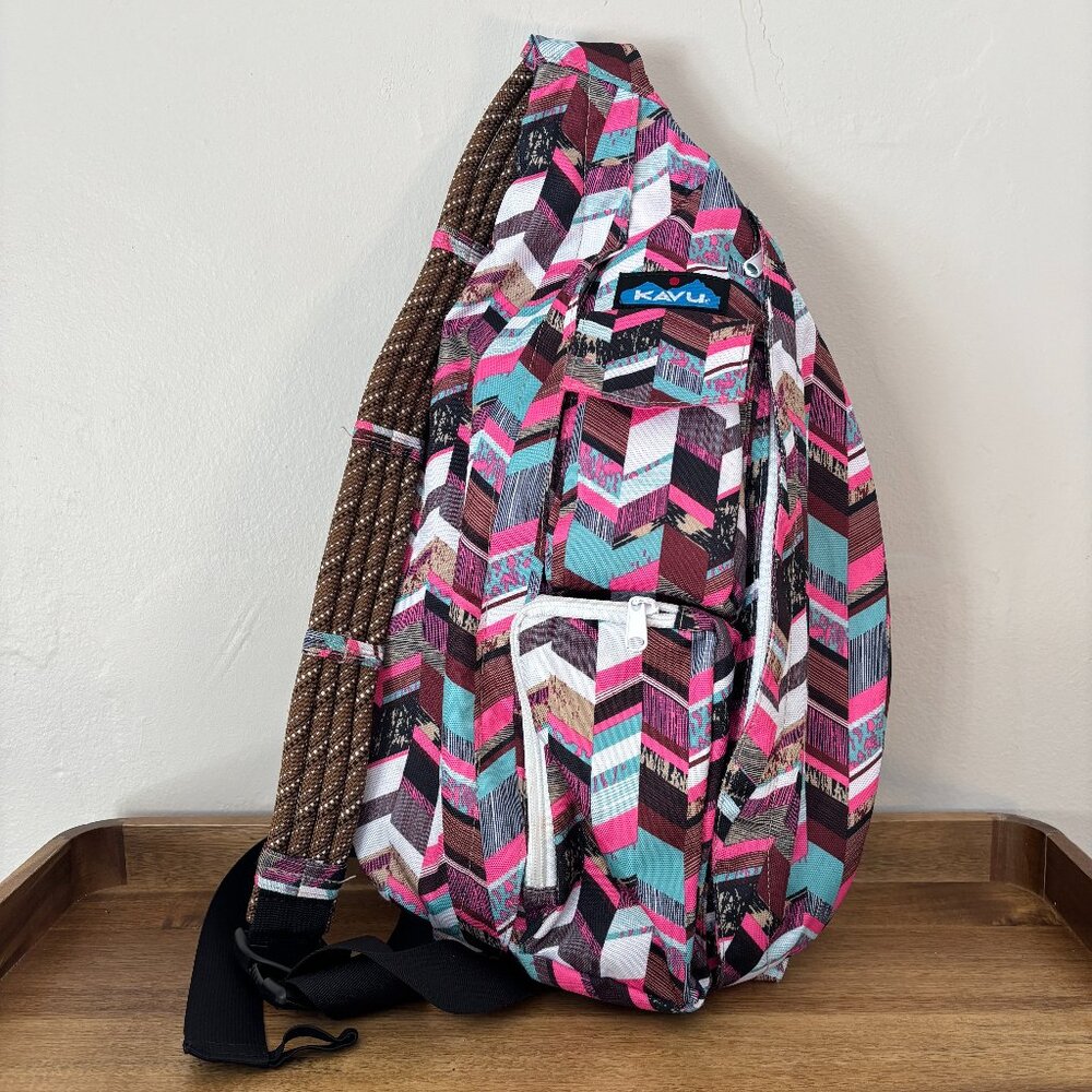 Kavu Pink Black Geometric Design Cotton Canvas Rope Sling Crossbody Backpack